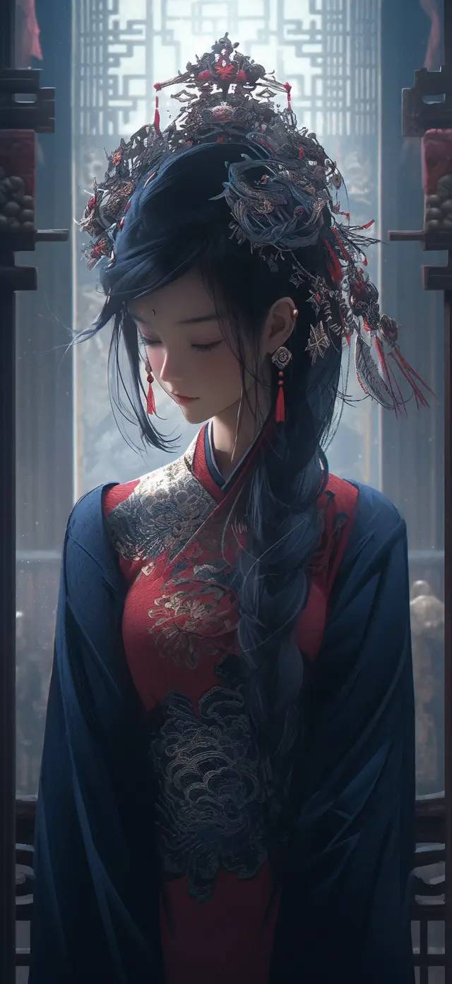 穿着蓝色亚洲服装的女人