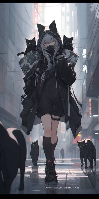赛博朋克城市街道上的黑猫女孩