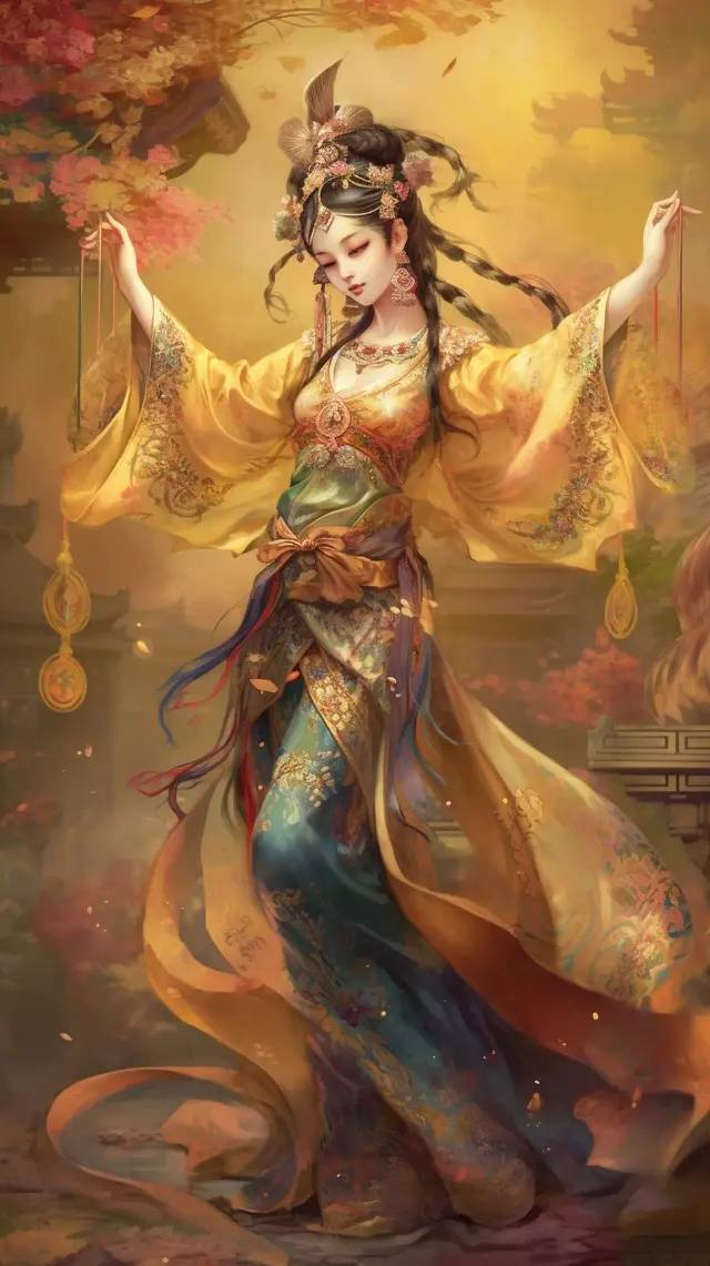 中国古代美女身着华丽的唐朝服饰起舞