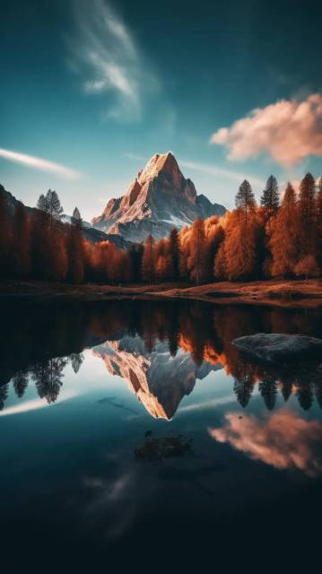 秋季日落湖景倒影