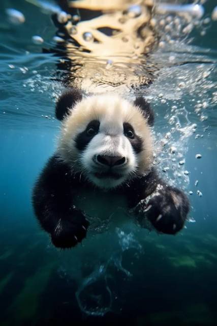 熊猫宝宝在清澈的河水中游泳