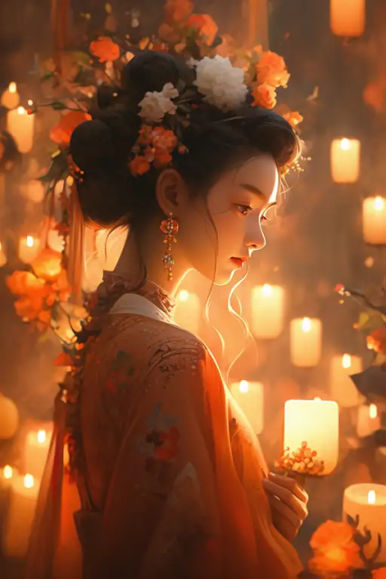 手持蜡烛、身着东方服饰的中国妇女