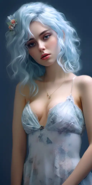 身穿浅蓝色蕾丝连衣裙、留着浅蓝色头发的可爱女孩