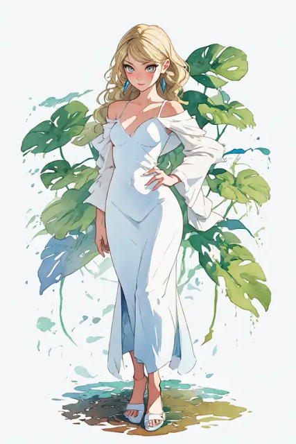 白色吊带长裙优雅女士水彩画