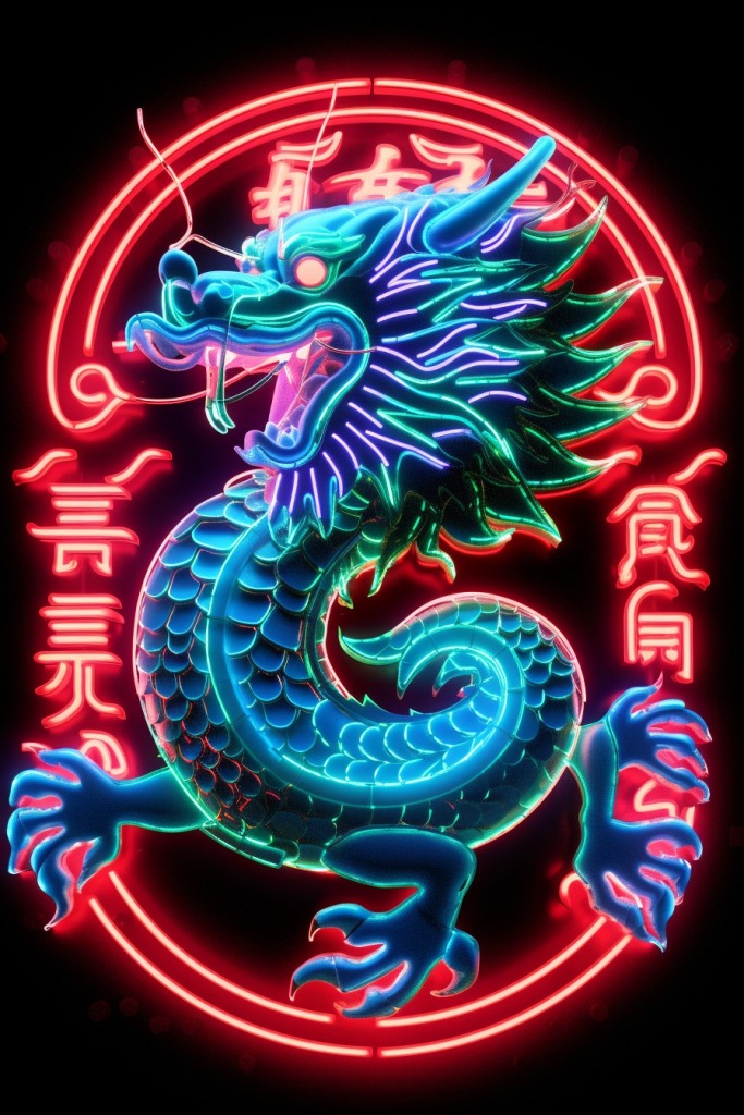 2024霓虹灯风格中国龙年创意插画