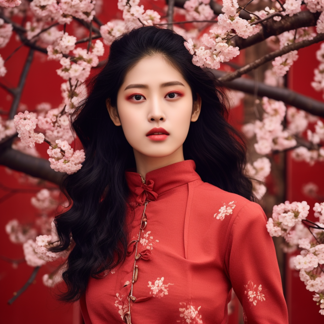 红墙前樱花盛开的北欧美女